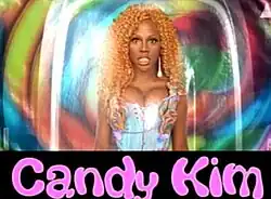 An image of a dark-skinned woman wearing a blonde/orange wig with the words "Candy Kim" in a pink font at the bottom of the screen