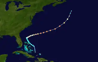 Map of the western Atlantic Ocean depicting the track of Hurricane Humberto.