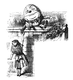 Gigantic egg, with human facial features perched on a wall, talking to a young girl, below