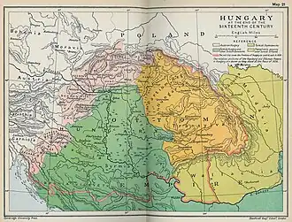 Hungary at the end of 16th century. The red line shows the southern and eastern frontiers of Hungary in 1490. By the occupation of Buda in 1541, Hungary was divided into three parts: pink: Royal Hungary, green: Ottoman Hungary, yellow: Principality of Transylvania