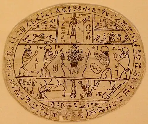 Hypocephalus of Tasheritkhons inscribed with Chapter 162 of the Book of the Dead, on display at the British Museum