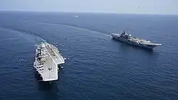 Vikrant performing manoeuvres with Vikramaditya