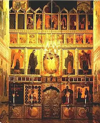 Five-panel Deesis row (center), Iconostasis in the Cathedral of the Annunciation in Moscow Kremlin by Theophanes the Greek, 1405 – the first five-row Iconostasis