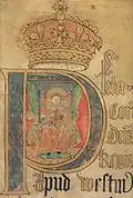 Illuminated initial membrane, Court of King's Bench: Coram Rege Roll, Easter Term, 1572