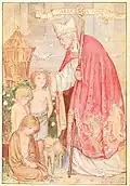 An old man in a Christian clergy hat stands with a group of children and touches one of their heads