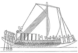 Egyptian ship with a loose-footed sail, similar to a longship. From the 5th dynasty, c. 2700 BC