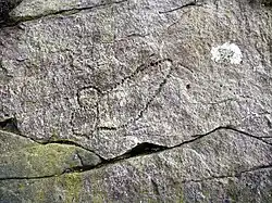 A phallic graffiti carved into the side of the Roman quarry at Barcombe in East Sussex, England