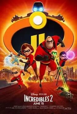 The Parr family running in front of the film's logo with Enda Mode, FroZone and Screenslaver following them