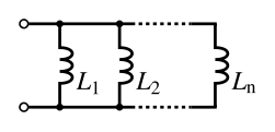 A diagram of several inductors, side by side, both leads of each connected to the same wires.