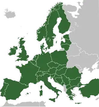 Map of Europe, with Interrail countries in green