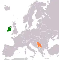 Map indicating locations of Ireland and Serbia