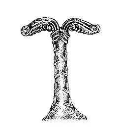 An illustration of Wilhelm Teudt's proposed 'straightening' of the object, yielding what he considered to symbolize an Irminsul, and subsequently used in Nazi Germany and among some Neopagan groups