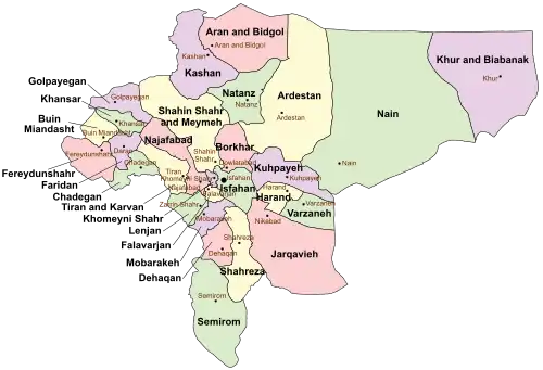 Location of Kashan County in Isfahan province (top center, purple)