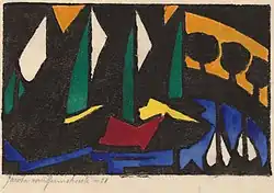 Jacoba van Heemskerck van Beest, Boat and Trees, 1914, woodcut in black, hand colored with watercolor, on Japan paper, Image:9.6 x 15.1&nbsp;cm (3 3/4 x 5 15/16 in.) sheet: 18.4 x 24&nbsp;cm (7 1/4 x 9 7/16 in.), Gift of Ruth Cole Kainen, 2012.92.270, National Gallery of Art