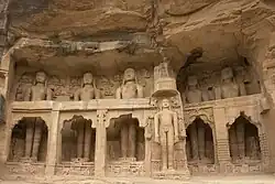 Jainism-related cave monuments and statues carved into the rock face inside Siddhachal Caves, Gwalior Fort