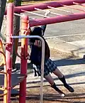 Japanese schoolgirl on some monkey bars (雲梯), 2014