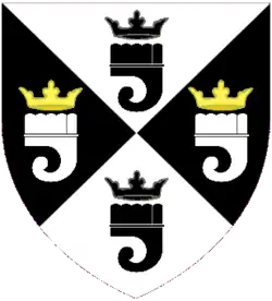 Arms of Michael Jay, Baron Jay of Ewelme: Per saltire argent and sable two clarions in pale each ensigned with an ancient crown sable and two clarions in fess argent each ensigned by an ancient crown or