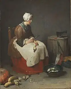 Woman Cleaning Turnips (ca. 1738), oil on canvas, 46.2 x 37&nbsp;cm., Alte Pinakothek