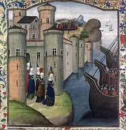 A colourful Medieval depiction of several ladies leaving a walled town