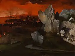 Landscape with the Destruction of Sodom and Gomorrah, c. 1520, oil on panel, 22.5&nbsp;cm ×&nbsp;308&nbsp;cm (8.9&nbsp;in ×&nbsp;121.3&nbsp;in), Museum Boijmans Van Beuningen, Rotterdam