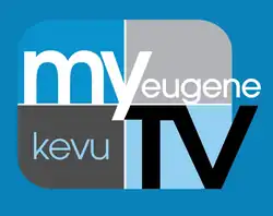 A rounded rectangle divided into blue and gray parts with the word "my" in white in the upper left, the word "eugene" in the upper right, "kevu" in the lower left, and a black "TV" in the lower right