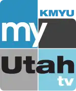 A rounded rectangle divided into blue and gray parts with the word "my" in white and a black word "Utah" across the lower half, with "TV" in the lower right. The upper left quadrant is expanded to suggest the shape of the state of Utah. The letters "KMYU" in blue are added outside in the upper right.