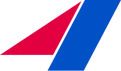 A red triangle and blue parallelogram arranged as to form an abstract numeral 4