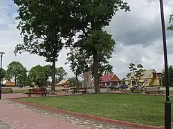 Main town square with monument to Antanas Strazdas