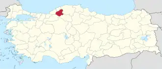 Karabük highlighted in red on a beige political map of Turkeym