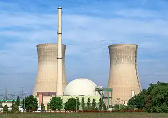 German Grafenrheinfeld plant exhibiting a nearly completely spherical containment design, which is very common for German PWRs; it is a double-containment with an inner steel shell.
