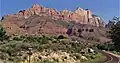 Mt. Kinesava (left), The West Temple (right) from southeast on Hwy 9