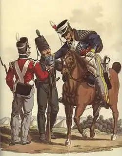 Image showing three soldiers; from left to right a line infantry soldier in a red uniform, a light infantry soldier in a green uniform, and a hussar in a blue and grey uniform mounted on a horse