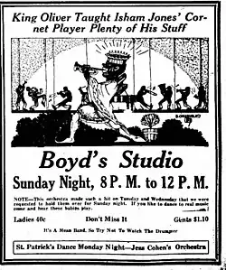 Text at top: "King Oliver Taught Isham Jones' Cornet Player Plenty of His Stuff" Caricature illustration of Joe Oliver in robe and crown, silhouettes of band musicians in background.