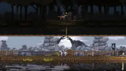 A screenshot of two monarchs mounted upon horses. Both are separated by a horizontal line dividing the screen in half. The monarch in the top rides upon a brown horse inside a dark forest, and carries a lit torch. The monarch on the bottom rides upon a white horse behind walls of wood and stone.