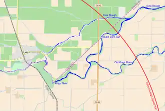 A map showing the three channels of the Kings River, with the planned California High-Speed Rail line crossing them in a broad arc to the east, and the community of Laton, California to the west