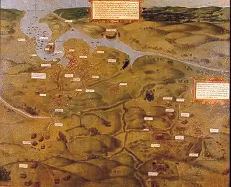 A color map of a hilly landscape, with multiple outposts marked out