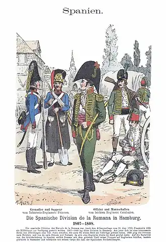 Print shows men in early 19th century military uniforms. The grenadier and sapper at the left belonging to the Princesa Line Infantry wear blue coats with fur hats. The officer and enlisted man at the right from the Catalonia Light Infantry wear green hussar-style jackets.