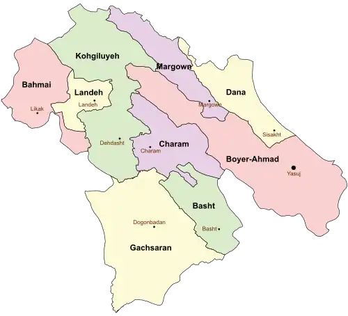 Location of Gachsaran County in&nbsp;Kohgiluyeh and Boyer-Ahmad&nbsp;province (bottom,&nbsp;yellow)