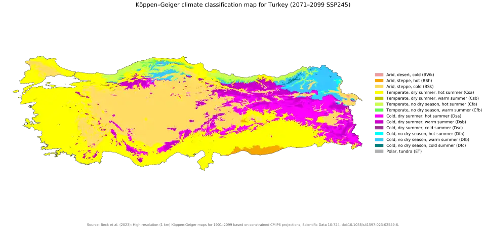 map of Turkey, roughly a horizontal rectangle, showing a complex pattern of climate types, but much less cold than the other map
