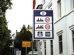 Image 19Speed limits in different areas; here unusually with only a "recommended" limit (Richtgeschwindigkeit) of 130&nbsp;km/h on the Autobahn in Germany (from Road safety)