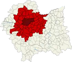 Dark red - Kraków city, red - surrounding gminas