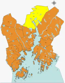 Map of Kristiansand with Ålefjær district highlighted in yellow
