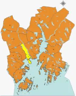 Location of Kvadraturen, shown in yellow, in Kristiansand
