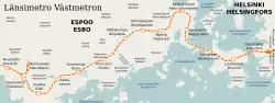 Route map. Original stations of the Helsinki Metro are shown as filled squares, Länsimetro stations as hollow squares.