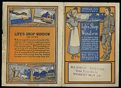 On the left, drawings of transportation surround "LIFE'S SHOP WINDOW THE STORY A suave gentleman sows the seeds of discontent in the mind of a credulous country girl who is married to a hard working home-loving father. This polished rascal with his glib talk about London, New York and Paris and of the beauties and comforts of metropolitan life not only alienates the pretty little woman from her husband but also tries to lure her away from him." On the right, drawings of a man and woman in contemporary dress. Between them, "William Fox Presents", "Life's Shop Window A Victoria Cross masterpiece adapted from the popular play and novel featuring Claire Whitney and Stuart Holmes", and "Direction of the Box Office Attraction Co. of America"