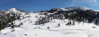 A snowy expanse of mountain.