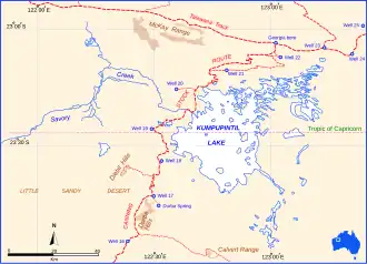 Route of Canning Stock Route relative to Kumpupintil Lake