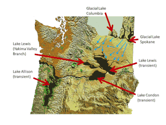 Figure showing topographic maps of Washington and northern Oregon with the lowlands flooded by the Missoula Floods marked.