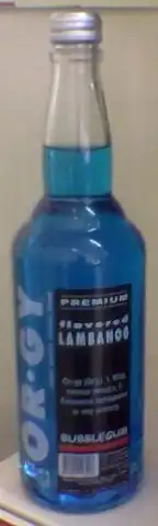 A tall clear bottle filled with a blue liquid.