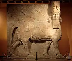Initially depicted as a goddess in Sumerian times, when it was called Lamma, it was later depicted from Assyrian times as hybrid of a human, bird, and either a bull or lion under the name Lamassu. It appears frequently in Mesopotamian art.[17]
